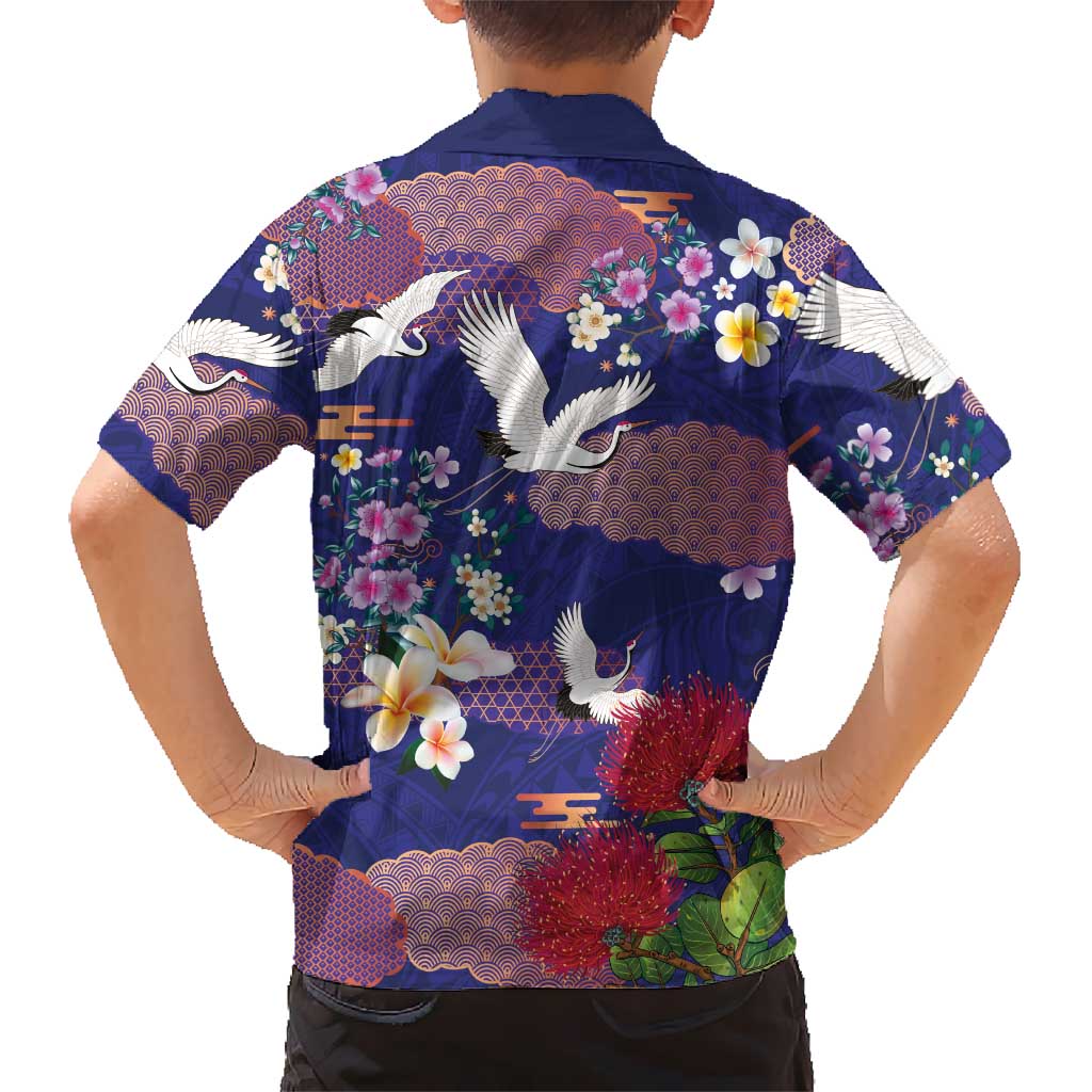 Hawaiian and Japanese Culture Together Family Matching Puletasi and Hawaiian Shirt Blue Ohia Lehua Plumeria and Sakura Blooming - Polynesian Pride