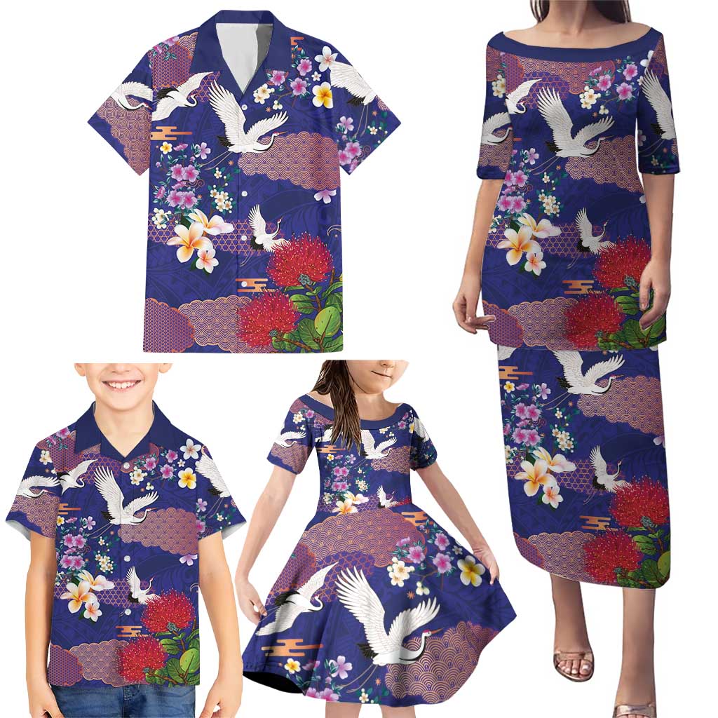 Hawaiian and Japanese Culture Together Family Matching Puletasi and Hawaiian Shirt Blue Ohia Lehua Plumeria and Sakura Blooming - Polynesian Pride