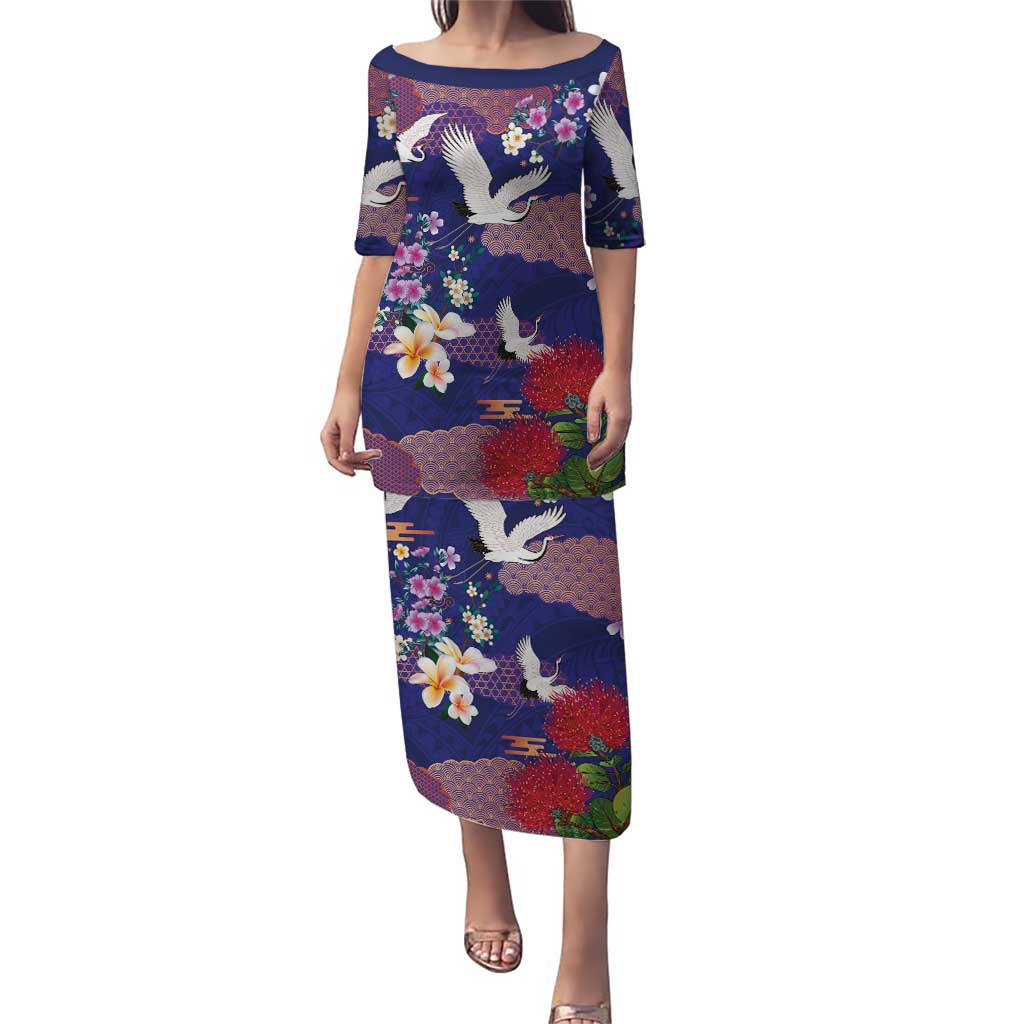 Hawaiian and Japanese Culture Together Family Matching Puletasi and Hawaiian Shirt Blue Ohia Lehua Plumeria and Sakura Blooming - Polynesian Pride