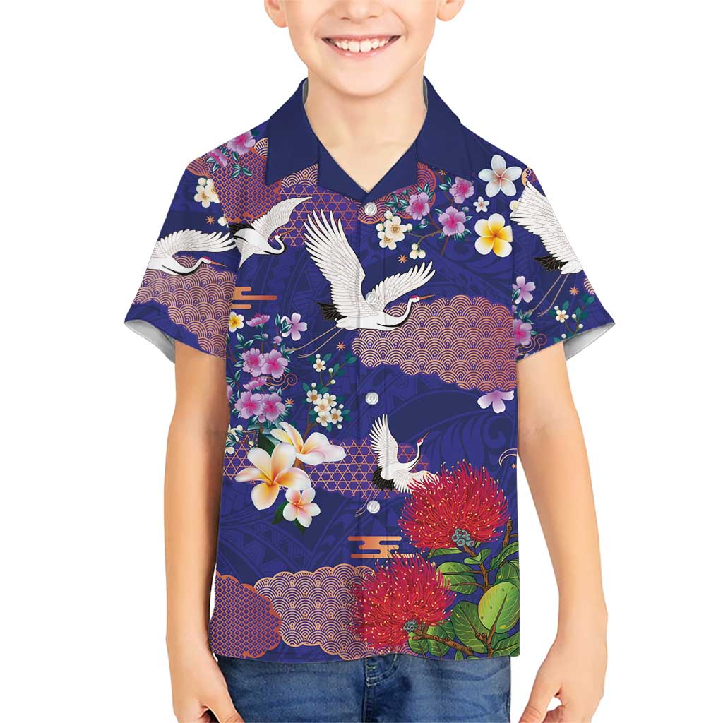 Hawaiian and Japanese Culture Together Family Matching Puletasi and Hawaiian Shirt Blue Ohia Lehua Plumeria and Sakura Blooming - Polynesian Pride