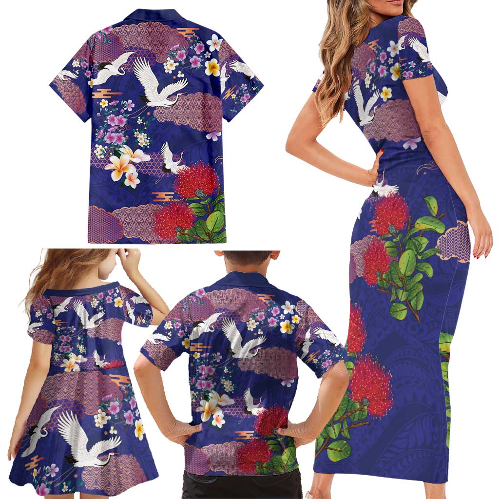 Hawaiian and Japanese Culture Together Family Matching Short Sleeve Bodycon Dress and Hawaiian Shirt Blue Ohia Lehua Plumeria and Sakura Blooming - Polynesian Pride