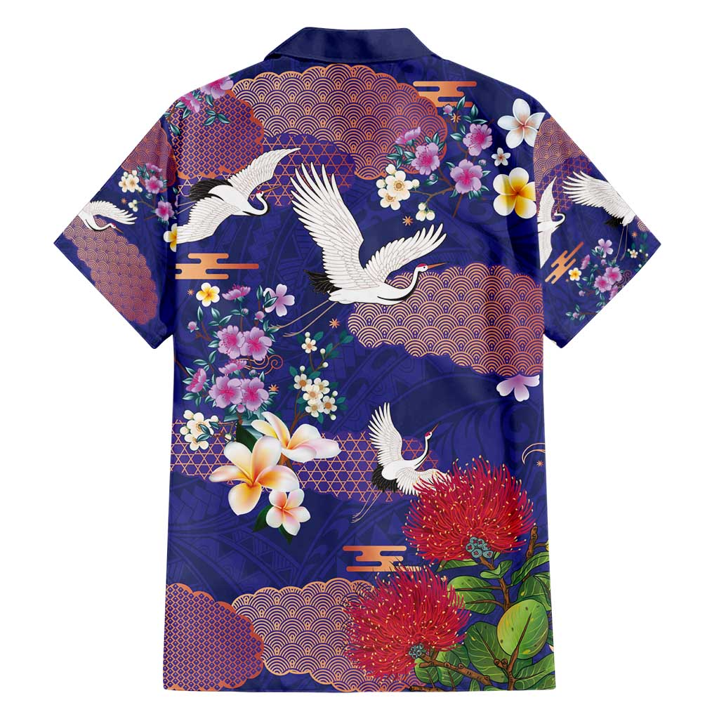 Hawaiian and Japanese Culture Together Family Matching Short Sleeve Bodycon Dress and Hawaiian Shirt Blue Ohia Lehua Plumeria and Sakura Blooming - Polynesian Pride