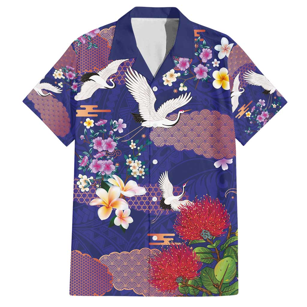 Hawaiian and Japanese Culture Together Family Matching Summer Maxi Dress and Hawaiian Shirt Blue Ohia Lehua Plumeria and Sakura Blooming - Polynesian Pride