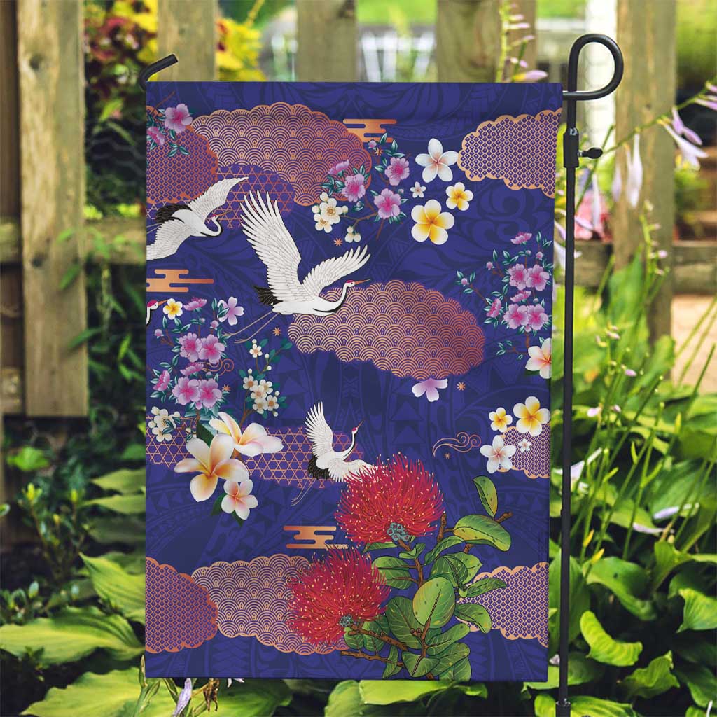 Hawaiian and Japanese Culture Together Garden Flag Blue Ohia Lehua Plumeria and Sakura Blooming - Polynesian Pride