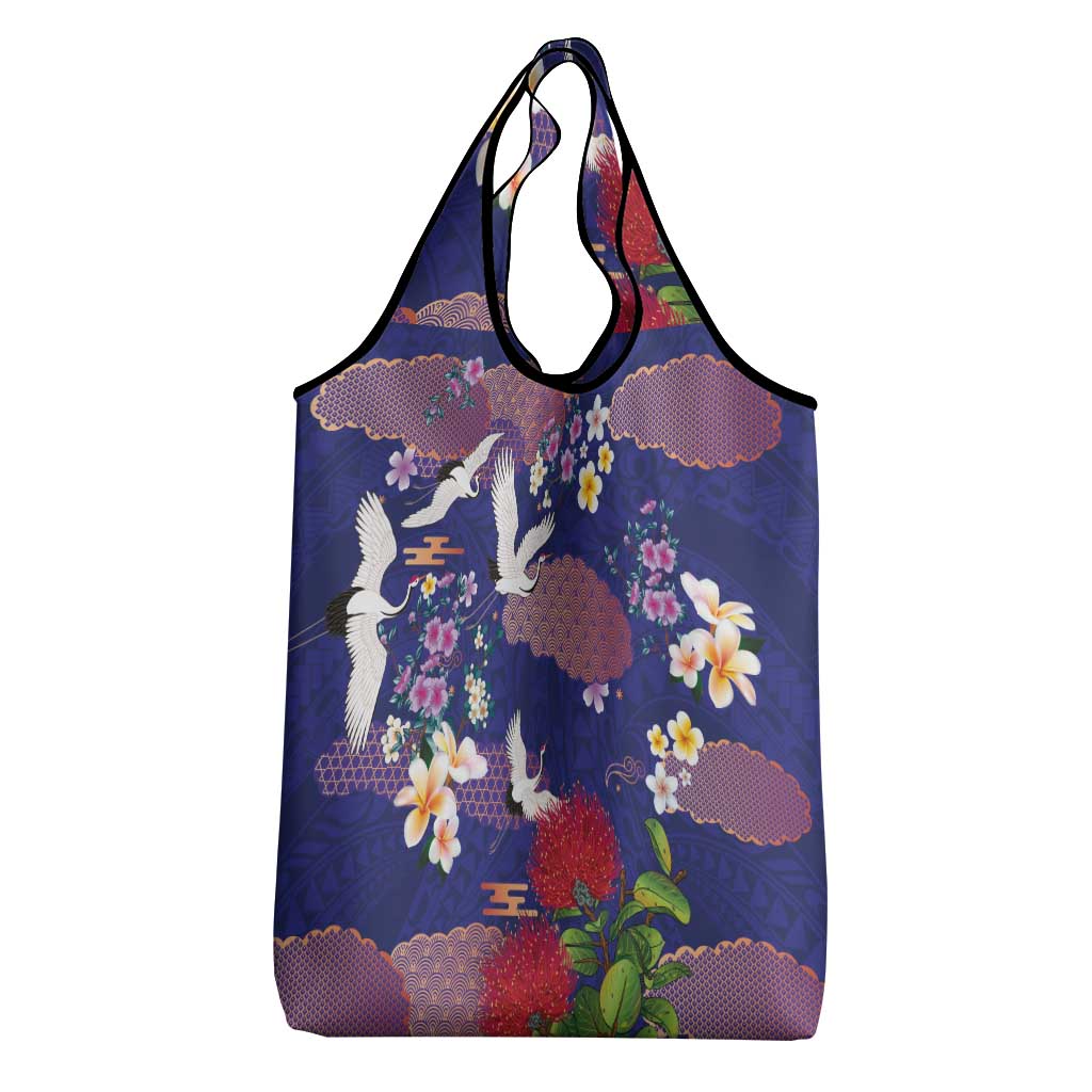 Hawaiian and Japanese Culture Together Grocery Bag Blue Ohia Lehua Plumeria and Sakura Blooming - Polynesian Pride
