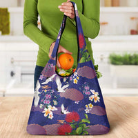 Hawaiian and Japanese Culture Together Grocery Bag Blue Ohia Lehua Plumeria and Sakura Blooming - Polynesian Pride