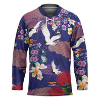 Hawaiian and Japanese Culture Together Hockey Jersey Blue Ohia Lehua Plumeria and Sakura Blooming - Polynesian Pride