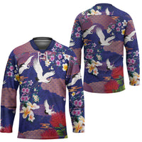 Hawaiian and Japanese Culture Together Hockey Jersey Blue Ohia Lehua Plumeria and Sakura Blooming - Polynesian Pride