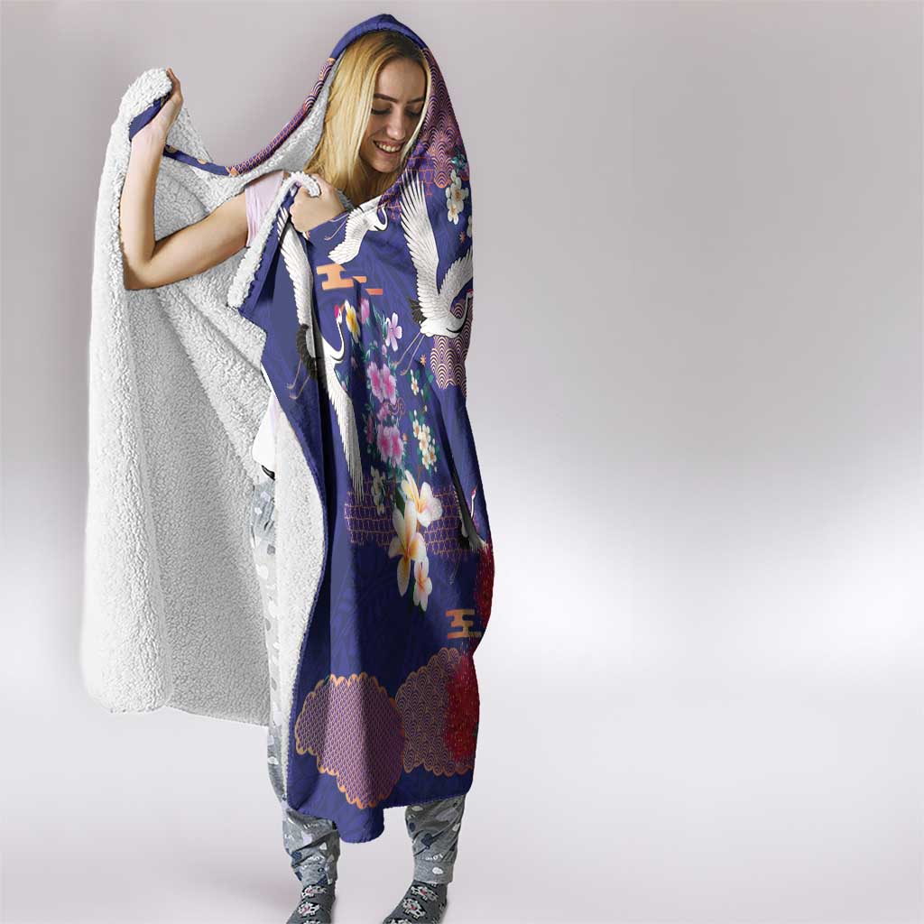 Hawaiian and Japanese Culture Together Hooded Blanket Blue Ohia Lehua Plumeria and Sakura Blooming - Polynesian Pride