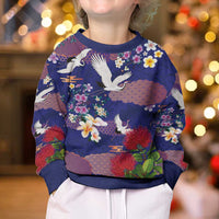 Hawaiian and Japanese Culture Together Kid Ugly Christmas Sweater Blue Ohia Lehua Plumeria and Sakura Blooming - Polynesian Pride