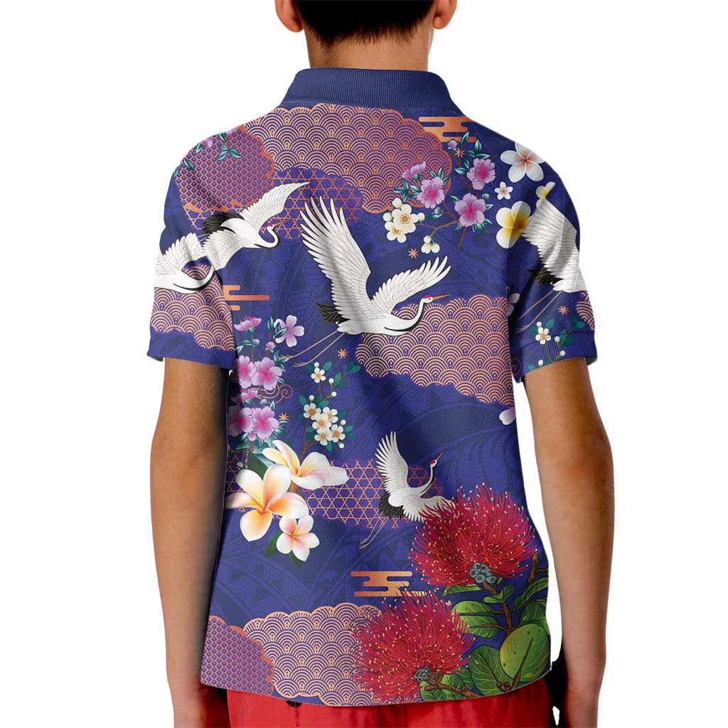 Hawaiian and Japanese Culture Together Kid Polo Shirt Blue Ohia Lehua Plumeria and Sakura Blooming - Polynesian Pride