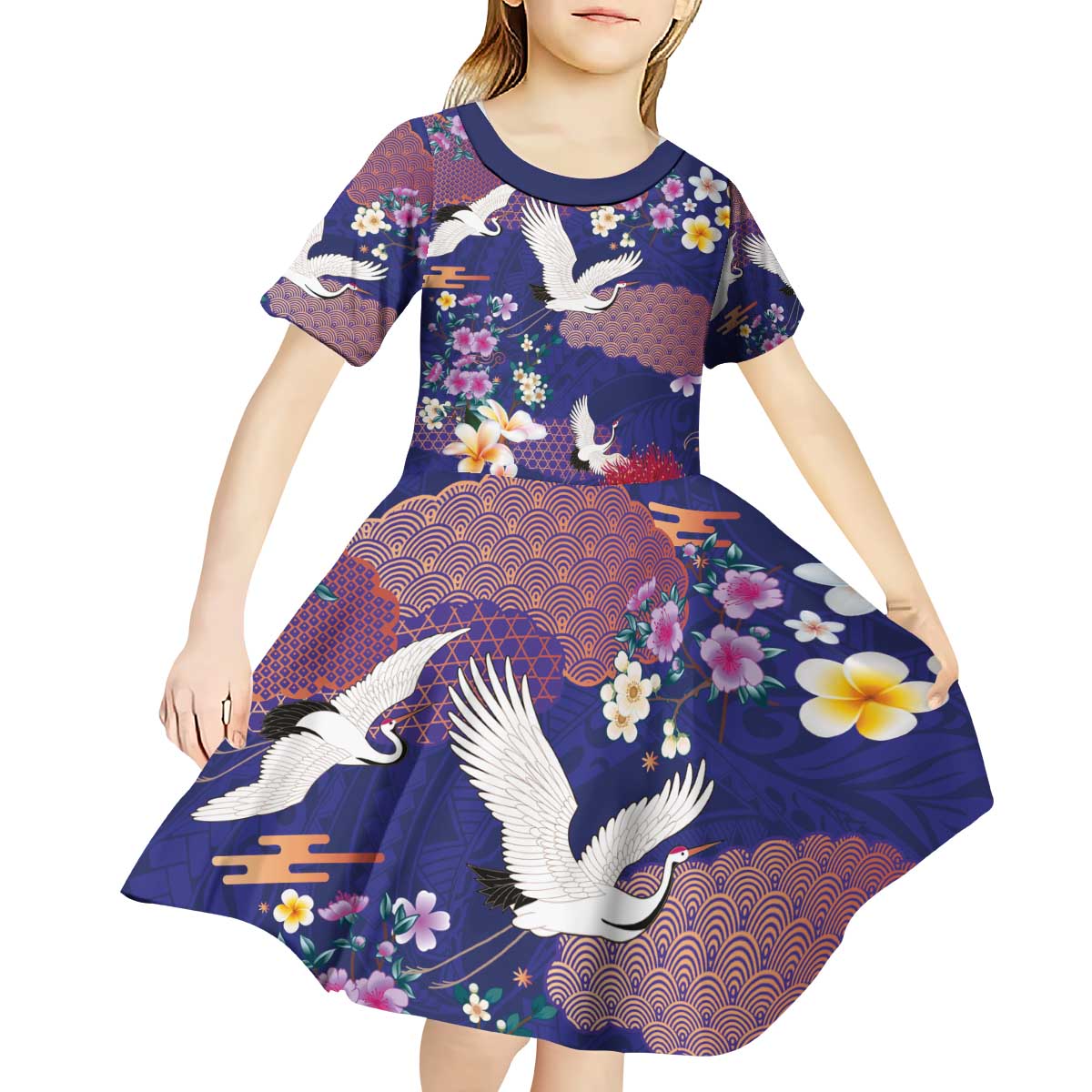 Hawaiian and Japanese Culture Together Kid Short Sleeve Dress Blue Ohia Lehua Plumeria and Sakura Blooming - Polynesian Pride