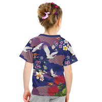 Hawaiian and Japanese Culture Together Kid T Shirt Blue Ohia Lehua Plumeria and Sakura Blooming - Polynesian Pride
