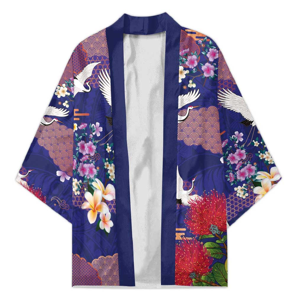 Hawaiian and Japanese Culture Together Kimono Blue Ohia Lehua Plumeria and Sakura Blooming - Polynesian Pride