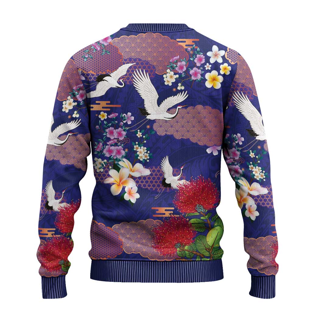 Hawaiian and Japanese Culture Together Ugly Christmas Sweater Blue Ohia Lehua Plumeria and Sakura Blooming - Polynesian Pride