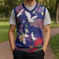 Hawaiian and Japanese Culture Together Christmas Knitted V-Neck Vest Blue Ohia Lehua Plumeria and Sakura Blooming - Polynesian Pride