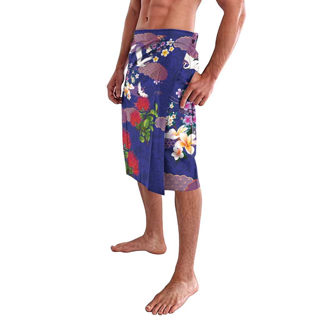 Hawaiian and Japanese Culture Together Lavalava Blue Ohia Lehua Plumeria and Sakura Blooming - Polynesian Pride