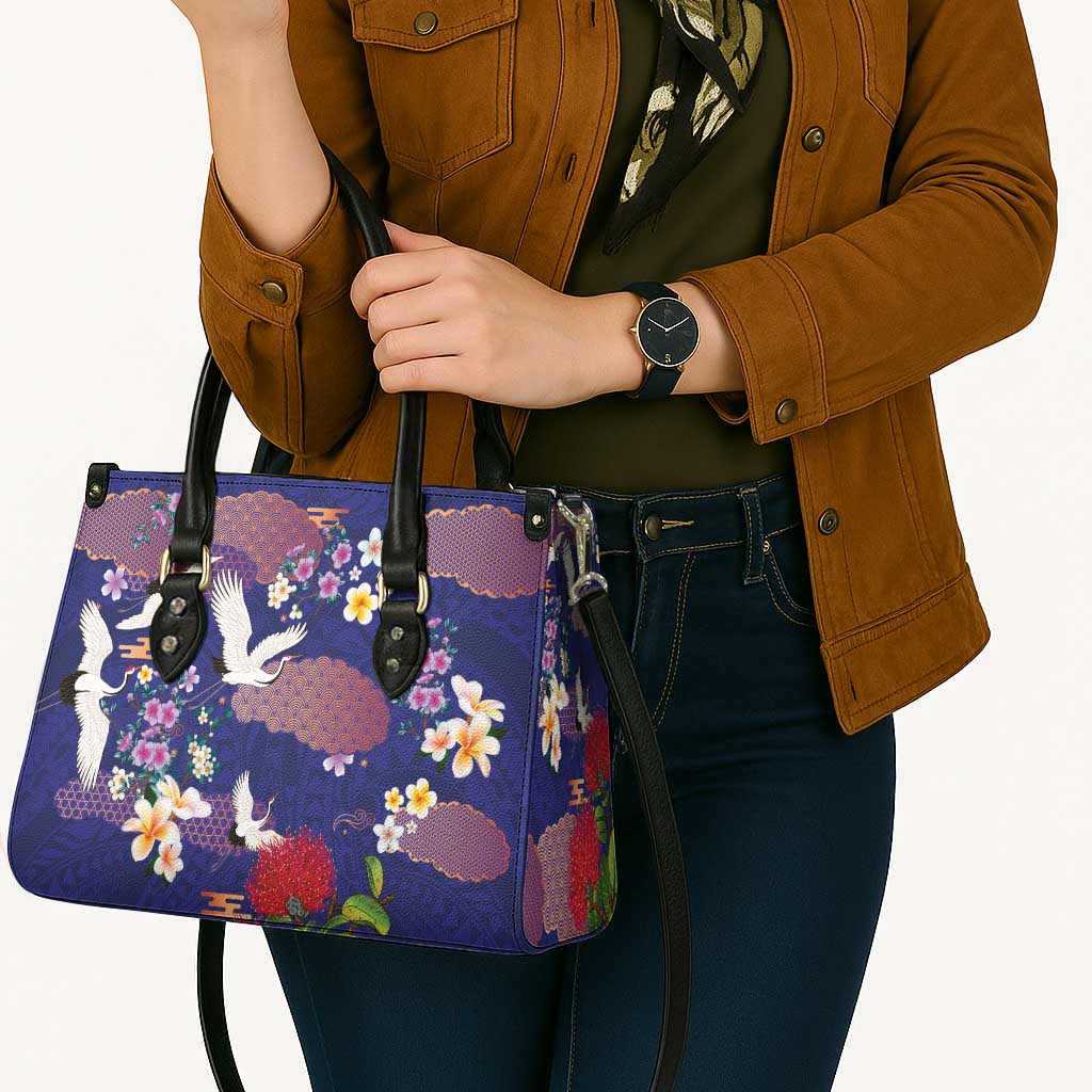 Hawaiian and Japanese Culture Together Leather Bag Blue Ohia Lehua Plumeria and Sakura Blooming - Polynesian Pride