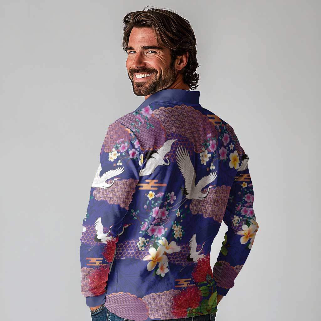 Hawaiian and Japanese Culture Together Long Sleeve Polo Shirt Blue Ohia Lehua Plumeria and Sakura Blooming - Polynesian Pride