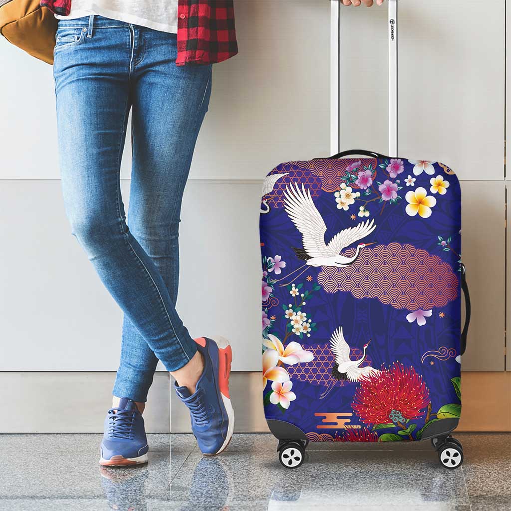 Hawaiian and Japanese Culture Together Luggage Cover Blue Ohia Lehua Plumeria and Sakura Blooming - Polynesian Pride