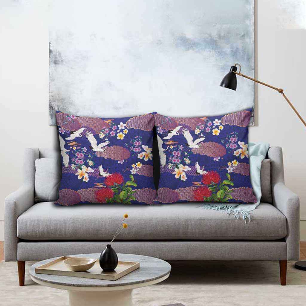 Hawaiian and Japanese Culture Together Pillow Cover Blue Ohia Lehua Plumeria and Sakura Blooming - Polynesian Pride