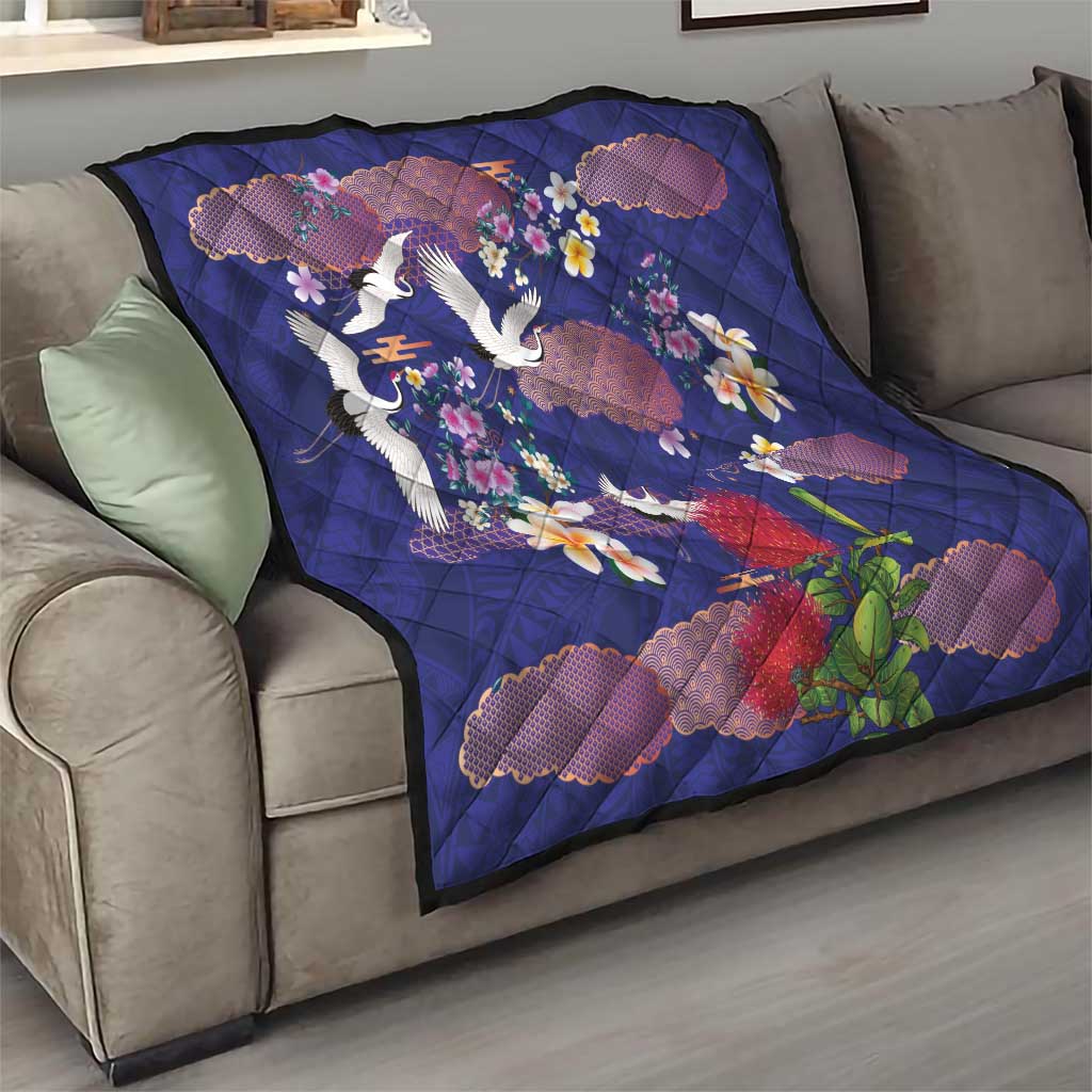 Hawaiian and Japanese Culture Together Quilt Blue Ohia Lehua Plumeria and Sakura Blooming - Polynesian Pride