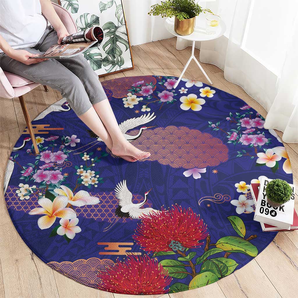 Hawaiian and Japanese Culture Together Round Carpet Blue Ohia Lehua Plumeria and Sakura Blooming - Polynesian Pride