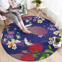 Hawaiian and Japanese Culture Together Round Carpet Blue Ohia Lehua Plumeria and Sakura Blooming - Polynesian Pride
