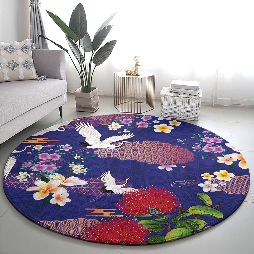 Hawaiian and Japanese Culture Together Round Carpet Blue Ohia Lehua Plumeria and Sakura Blooming - Polynesian Pride