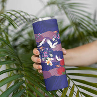 Hawaiian and Japanese Culture Together Skinny Tumbler Blue Ohia Lehua Plumeria and Sakura Blooming - Polynesian Pride
