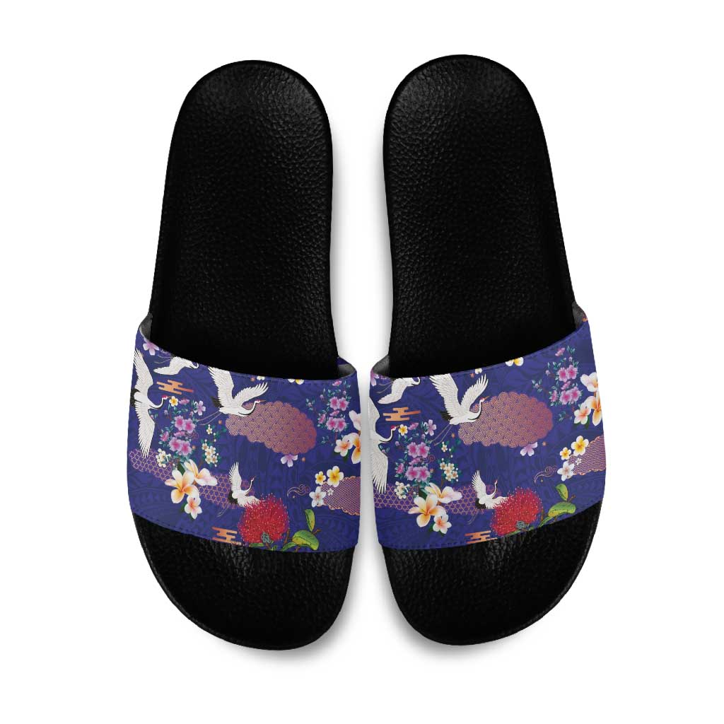 Hawaiian and Japanese Culture Together Slide Sandals Blue Ohia Lehua Plumeria and Sakura Blooming - Polynesian Pride