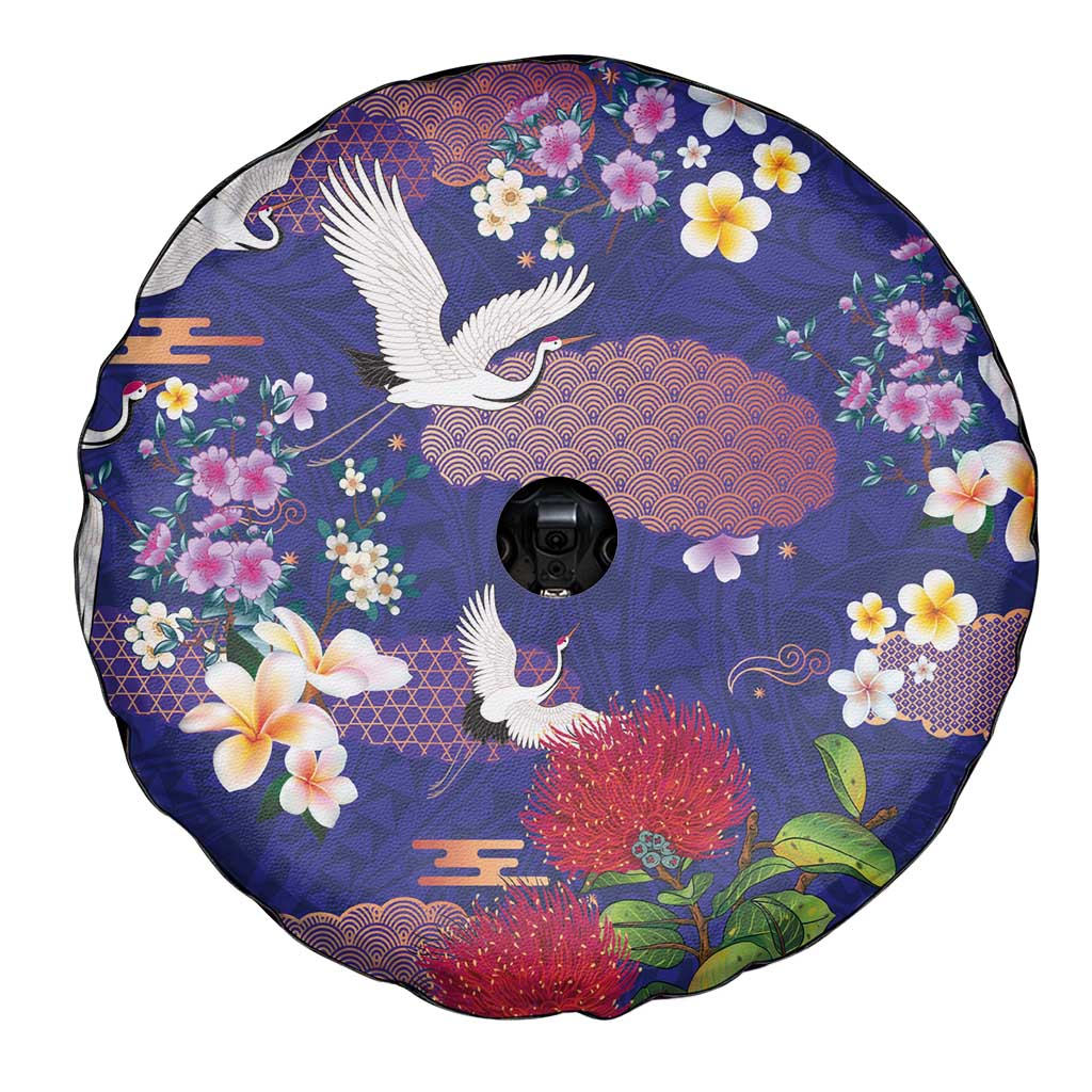 Hawaiian and Japanese Culture Together Spare Tire Cover Blue Ohia Lehua Plumeria and Sakura Blooming - Polynesian Pride