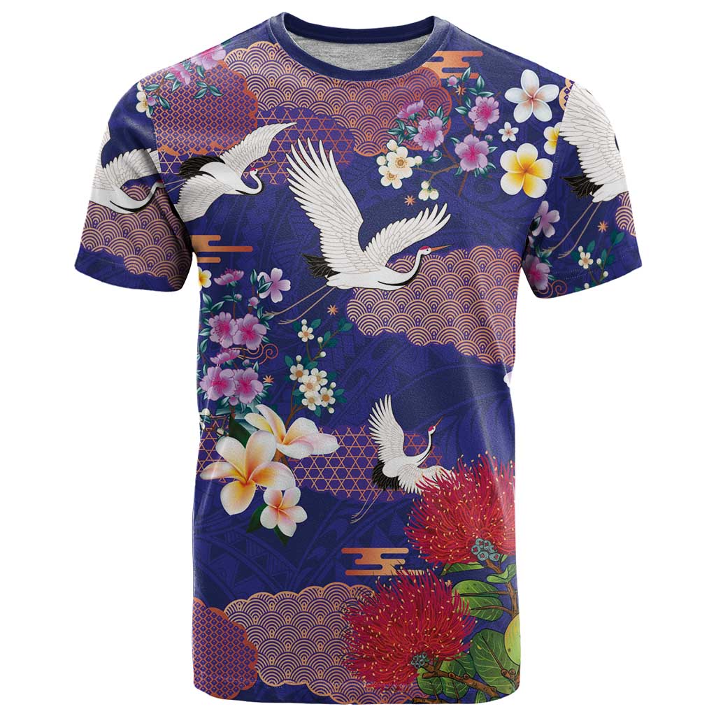 Hawaiian and Japanese Culture Together T Shirt Blue Ohia Lehua Plumeria and Sakura Blooming - Polynesian Pride