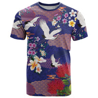Hawaiian and Japanese Culture Together T Shirt Blue Ohia Lehua Plumeria and Sakura Blooming - Polynesian Pride