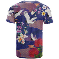 Hawaiian and Japanese Culture Together T Shirt Blue Ohia Lehua Plumeria and Sakura Blooming - Polynesian Pride