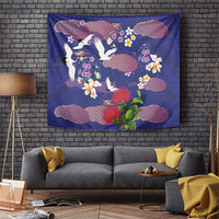 Hawaiian and Japanese Culture Together Tapestry Blue Ohia Lehua Plumeria and Sakura Blooming - Polynesian Pride