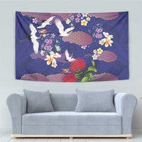 Hawaiian and Japanese Culture Together Tapestry Blue Ohia Lehua Plumeria and Sakura Blooming - Polynesian Pride
