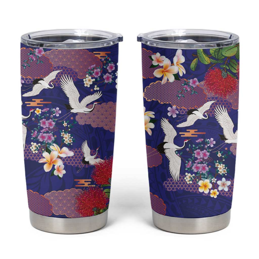 Hawaiian and Japanese Culture Together Tumbler Cup Blue Ohia Lehua Plumeria and Sakura Blooming - Polynesian Pride