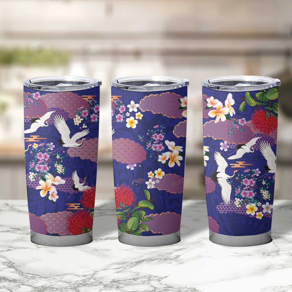 Hawaiian and Japanese Culture Together Tumbler Cup Blue Ohia Lehua Plumeria and Sakura Blooming - Polynesian Pride