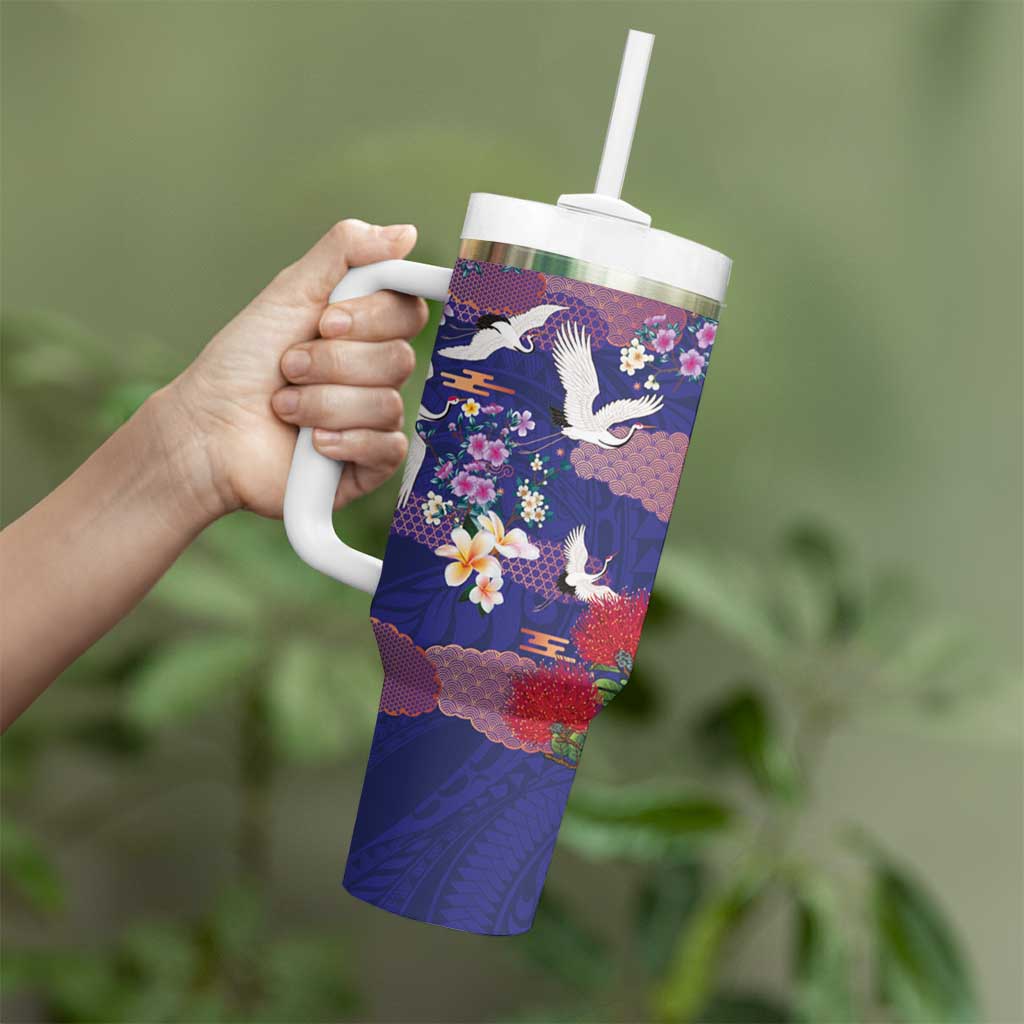 Hawaiian and Japanese Culture Together Tumbler With Handle Blue Ohia Lehua Plumeria and Sakura Blooming - Polynesian Pride