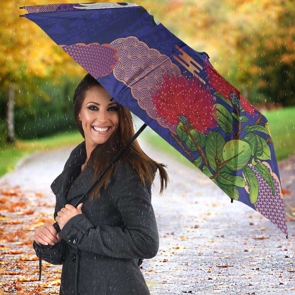 Hawaiian and Japanese Culture Together Umbrella Blue Ohia Lehua Plumeria and Sakura Blooming - Polynesian Pride