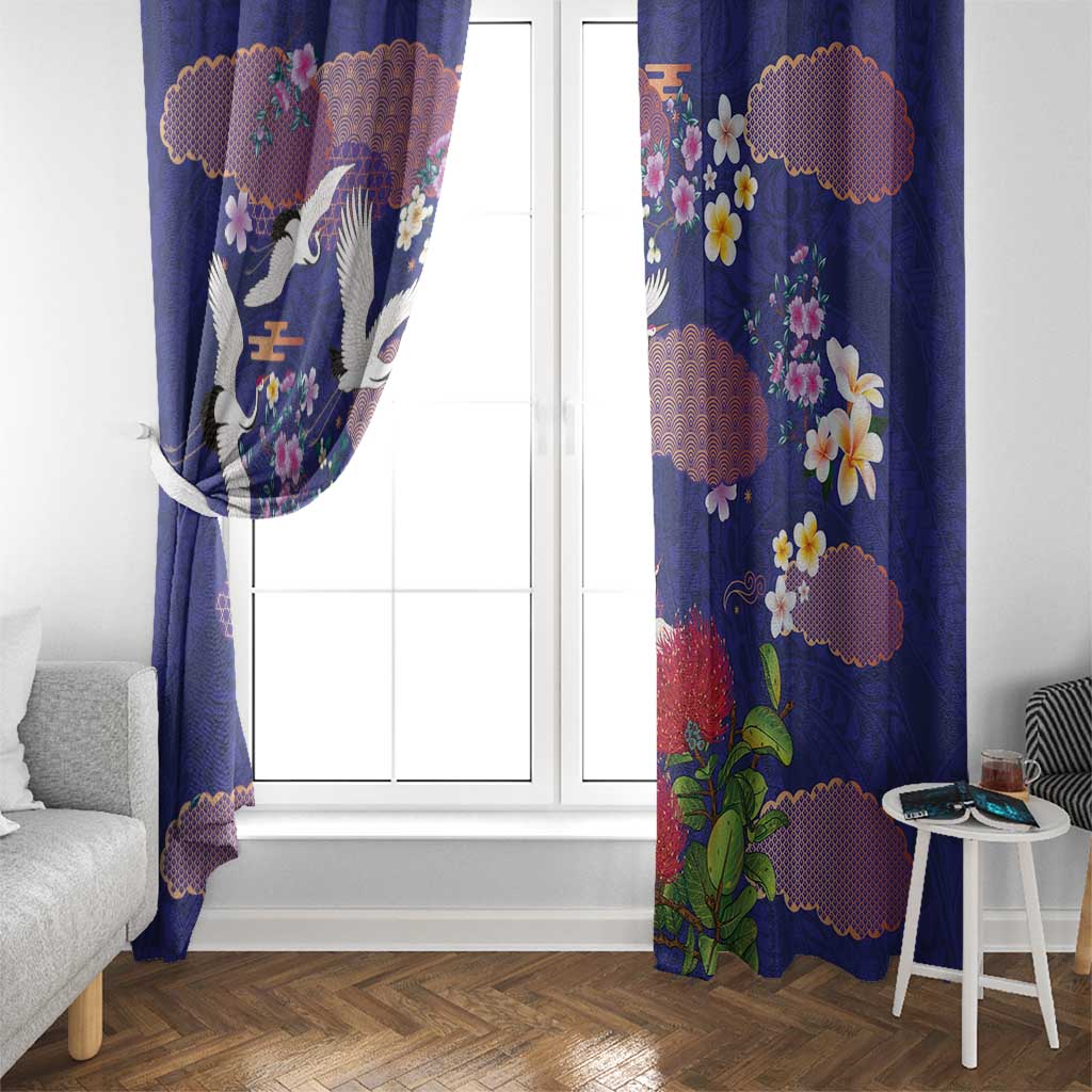 Hawaiian and Japanese Culture Together Window Curtain Blue Ohia Lehua Plumeria and Sakura Blooming - Polynesian Pride