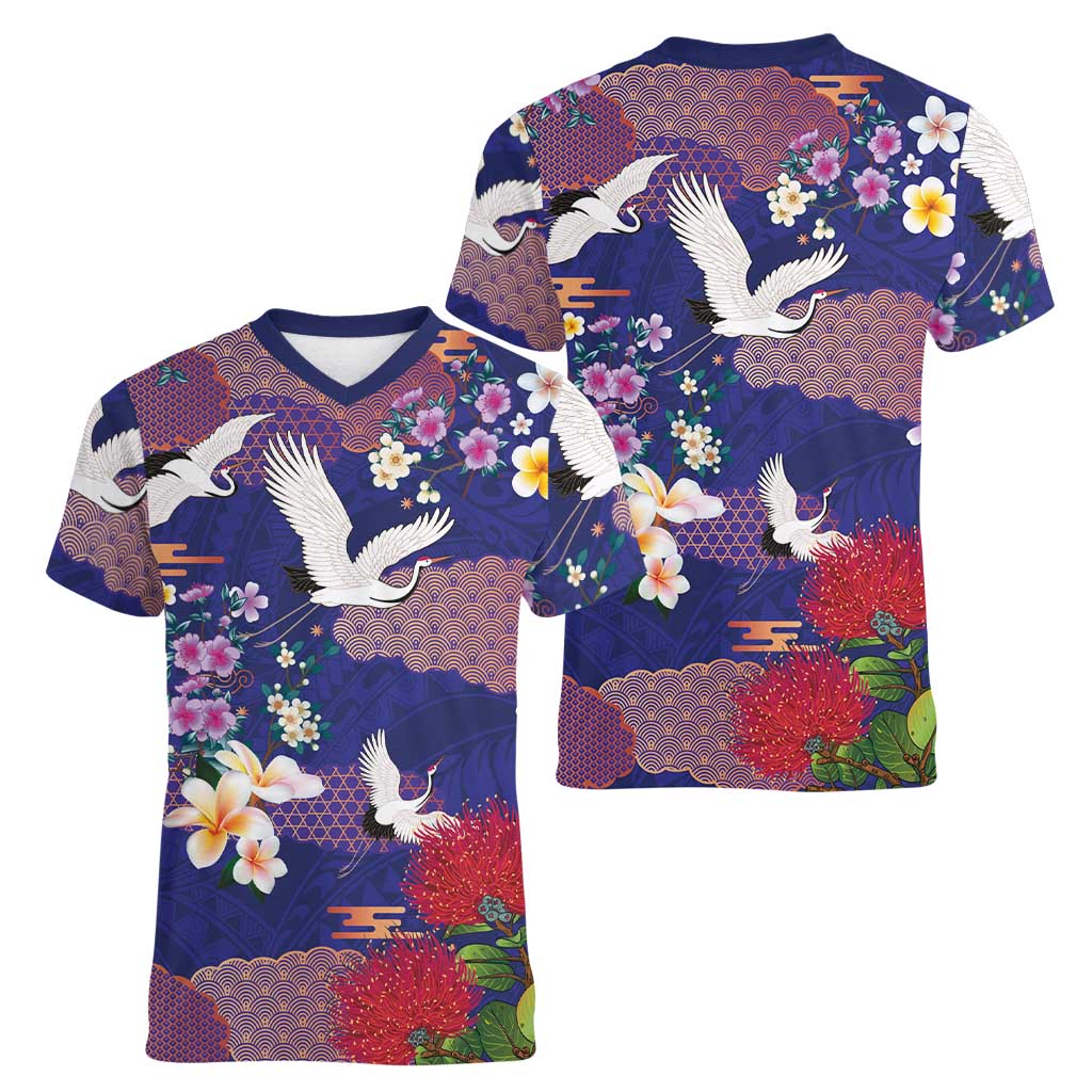Hawaiian and Japanese Culture Together Women V-Neck T-Shirt Blue Ohia Lehua Plumeria and Sakura Blooming - Polynesian Pride