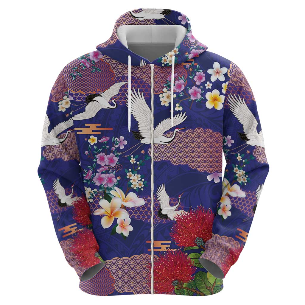 Hawaiian and Japanese Culture Together Zip Hoodie Blue Ohia Lehua Plumeria and Sakura Blooming - Polynesian Pride