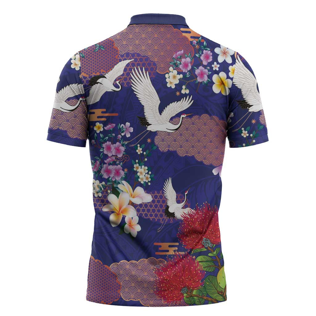 Hawaiian and Japanese Culture Together Zipper Polo Shirt Blue Ohia Lehua Plumeria and Sakura Blooming - Polynesian Pride