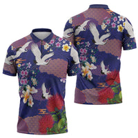 Hawaiian and Japanese Culture Together Zipper Polo Shirt Blue Ohia Lehua Plumeria and Sakura Blooming - Polynesian Pride