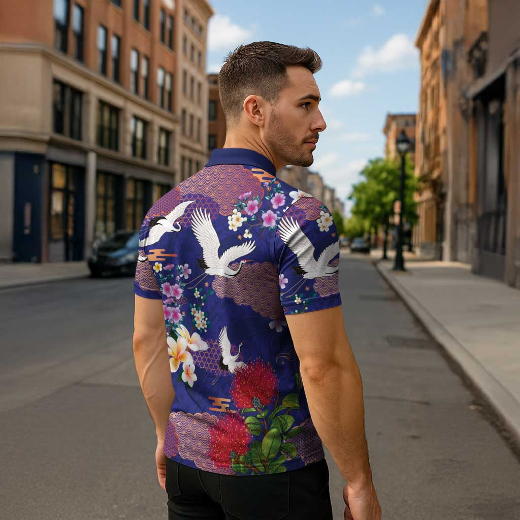 Hawaiian and Japanese Culture Together Zipper Polo Shirt Blue Ohia Lehua Plumeria and Sakura Blooming - Polynesian Pride