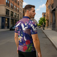 Hawaiian and Japanese Culture Together Zipper Polo Shirt Blue Ohia Lehua Plumeria and Sakura Blooming - Polynesian Pride