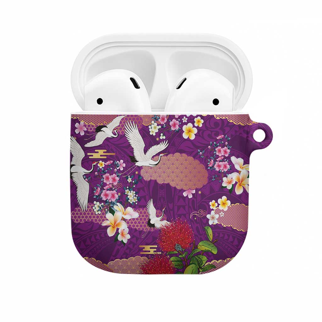 Hawaiian and Japanese Culture Together AirPods Case Purple Ohia Lehua Plumeria and Sakura Blooming - Polynesian Pride
