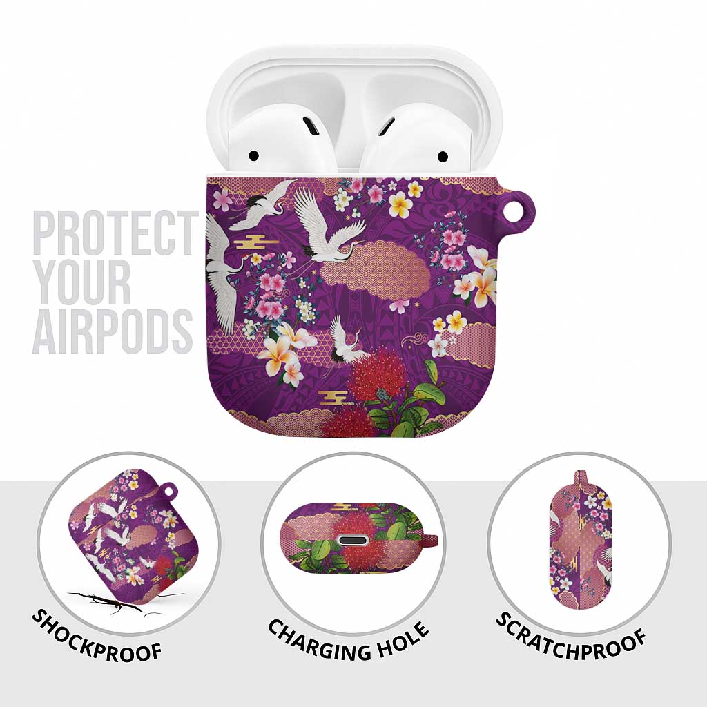 Hawaiian and Japanese Culture Together AirPods Case Purple Ohia Lehua Plumeria and Sakura Blooming - Polynesian Pride